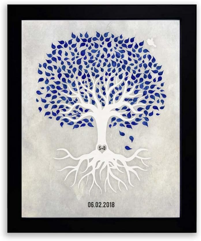 Lucky Tusk Anniversary, Árvore Minimalista Azul e Branca da Marinha com Rotos, Pomba Branca, Presente para Casal LT-1531,