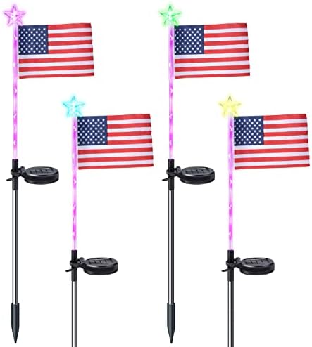 4 Pacote de bandeira solar Americana Luzes do gramado para as decorações de 4 de julho, 7 cores Mudando luzes de bandeira americana