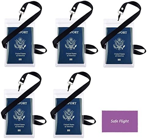 Caminho de pescoço e transparente ID do passaporte Titular XL 6x4 - 5 Pacote de embalagem - Também para dinheiro, cartão de crédito, passagem de avião, etc - essencial 'Handsfree' Acessório de viagem - Black by Safe Flight Flight