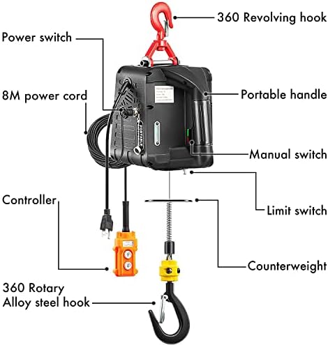 Flieeya 3 em 1 guincho elétrico, 1100 libras de elevação portátil Crane de 16 pés/min 110 volts com controle remoto de controle