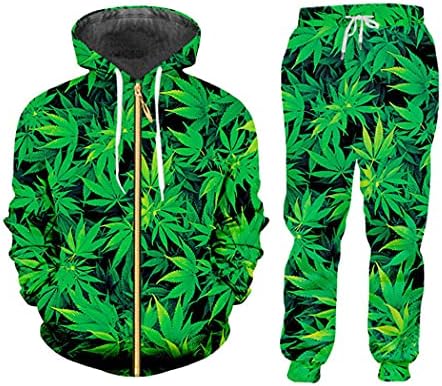 Conjunto de ervas daninhas de folhas de cânhamo verde 3D, moletom casual de rua e calças, masculino, pillovers de capuz de traje de traje