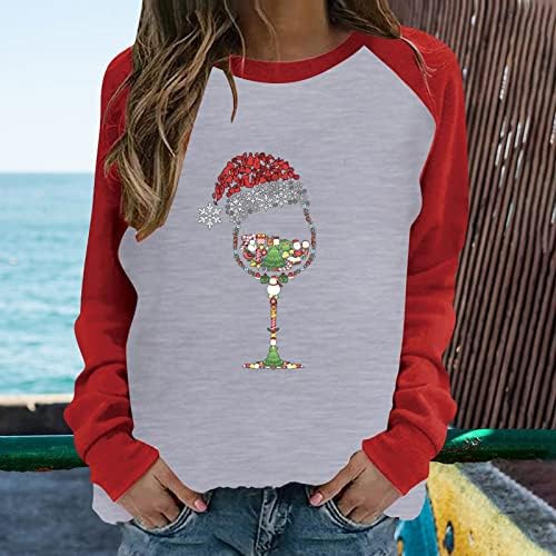 Mangas compridas tops femininos de retalhos de primavera de Natal impressos de mangas compridas no pescoço redondo camiseta casual camisetas pescoço