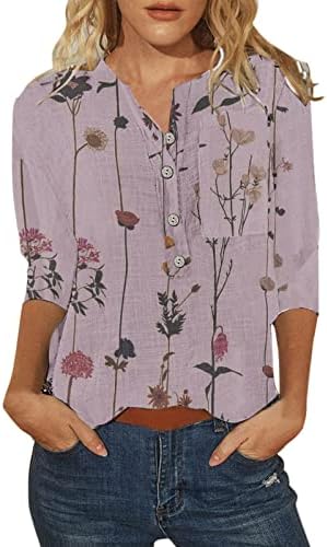 Botões de impressão de flores casuais da moda feminina o pescoço de três quartos de manga tops blusa de camisa feminina manga