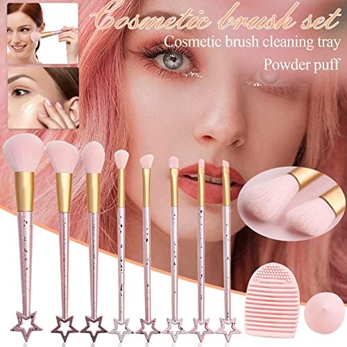 Pincéis de maquiagem em estrela rosa definidos com bandeja de limpeza de sopro de pó, 8 pcs Professional Facial Brush Starter Starter