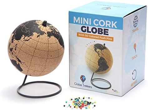 Globe Trekkers - Mini Cork Globe com 50 pinos de push coloridos diferentes e base de aço inoxidável durável | Ótimo para mapear viagens e propósitos educacionais | Não tem tira de plástico como a maioria