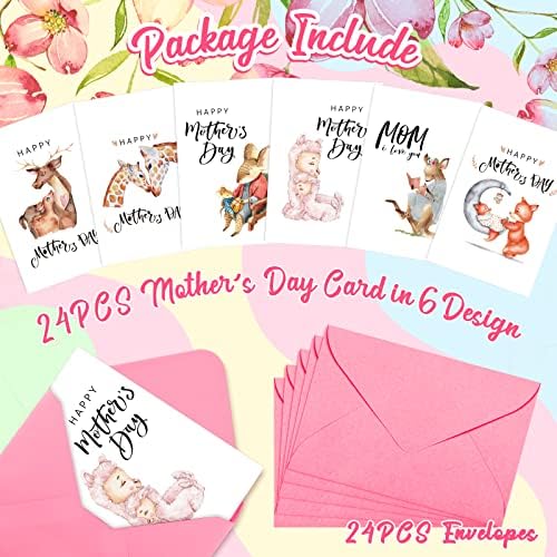 Whaline 24 Pack Pack do dia das mães Cartões de felicitações em massa Cartões de notas do dia das mães com envelopes 6 Design Design