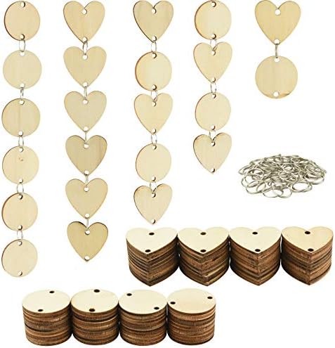 200 peças no total, círculos de madeira de Natal ornamentos de madeira tags de coração com buracos e anéis de 11 mm para tábuas