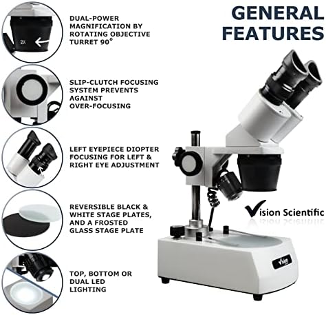 Vision Scientific VMS0002-RC-24 Microscópio estéreo binocular, ocular de 10x de campo largo, objetivos 2x e 4x, ampliação de 20x e 40x, iluminação de LED superior e inferior, bateria recarregável