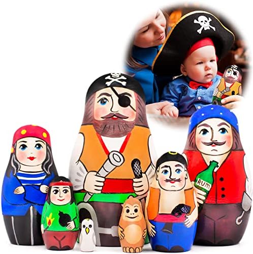 Aevvv Pirate Russian Nesting Dolls Conjunto 7 PCs - Presentes de aniversário com decorações de piratas - Presentes de aniversário