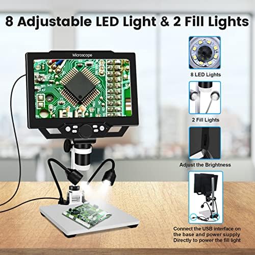 Microscópio USB digital de 9 polegadas com cartão TF de 32g, microscópio de moeda MICSCI de 12mp com câmera de vídeo portátil de tela, visualização de PC, 10 Stand, 5000 Mah Bateria recarregável, para moedas de solda