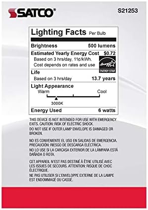 SATCO S21253/06 LED LED E26 LUZBLS E26, 3000K, 15000 HORAS Classificação, Dimmable, 6 pacote