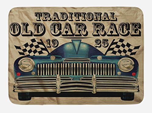 Carros de Ambesonne tapete de banho, tema de corrida de carros antigo tradicional carro americano nostálgicos com bandeiras