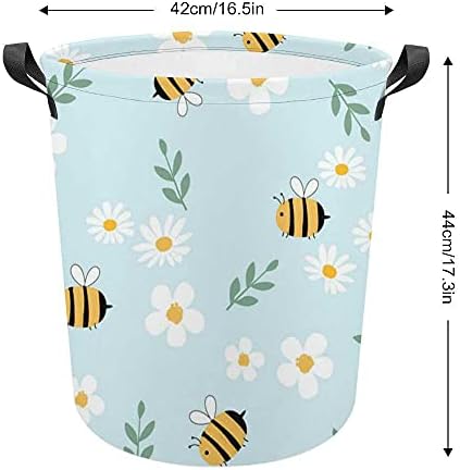 Cesta de lavanderia, cesto de lavanderia dobrável grande com alças de abelhas de desenhos animados de flores, cesto