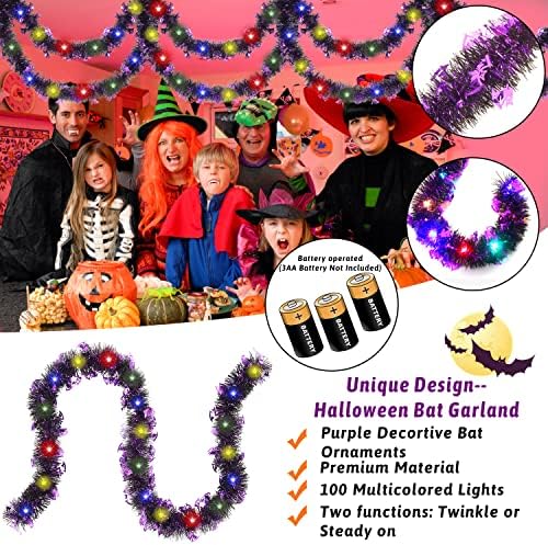 CCINEE HALLOWEEN PRELIT Tinsel Garland, Garland pendurada metálica de 33 pés de morcego com 100 luzes de cordas LED de bateria