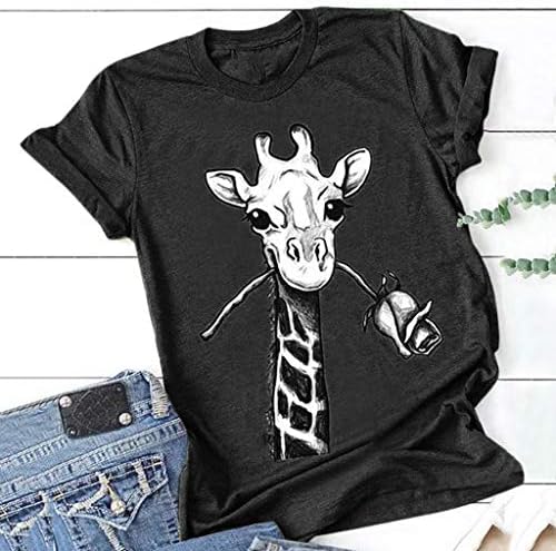 Camiseta de grandes dimensões para mulheres Crewneck Blusa curta Blusa verão Camisetas de impressão de girafas fofas de girafas