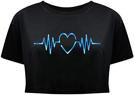 Camiseta dos namorados para mulheres de verão de manga curta impressão de coração básico Tops de colheita solta adolescente adolescente