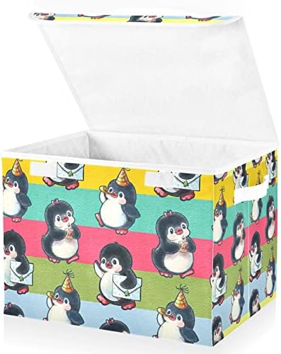 Innwgogo fofo pinguins de armazenamento de aniversário com tampas para organizar cesto de armazenamento com alças