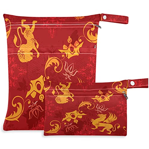 VISESUNNY CROWN Lion Griffin Fleur de Lis 2pcs Bolsa molhada com bolsos com zíper Saco de fraldas salateadas reutilizáveis