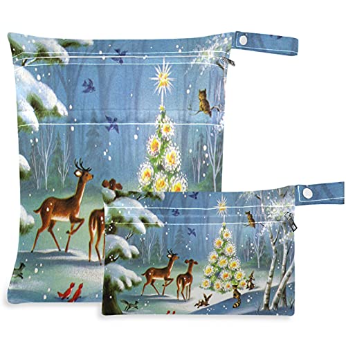 VISESUNNY Feliz Natal Florestas de neve árvore de veados 2pcs bolsa molhada com bolsos com zíper para fraldas salateadas reutilizáveis