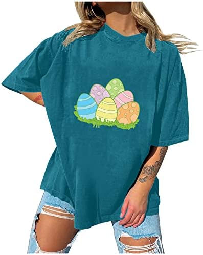 Camisa de páscoa de grandes dimensões mulheres fofas ovos tees gráficos de pescoço redondo cair ombro de manga meia