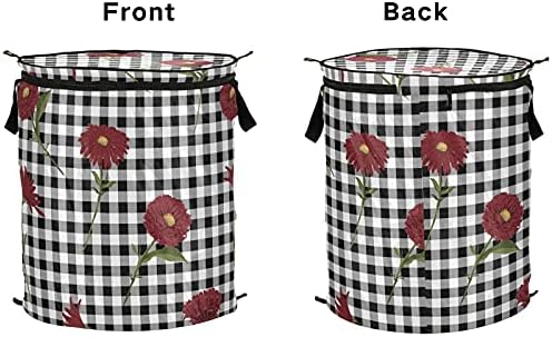 Red Floral Plaid Pop Up Laundry Horty com tampa de cesta de armazenamento dobrável Bolsa de roupa dobrável para dormitório