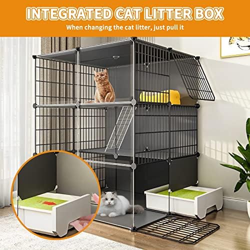 Gaiola de gato interno grande com caixa de areia, HD Clear Cat Playpen Gabinete Multi-Level Plataforma Diy Cat Cat