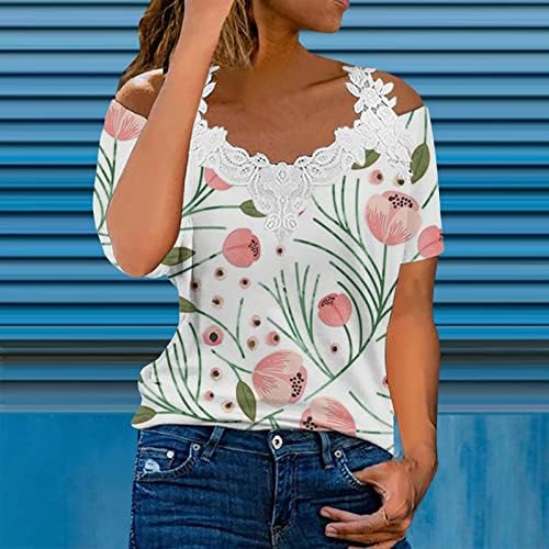 Camisa da blusa meninas de manga curta ombro floral ombro frio vneck renda algodão gráfico floral sexy tee de retalhos sexy