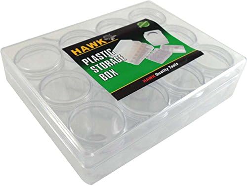 Hawk 12 frascos de plástico com tampa de parafuso em uma caixa de plástico transparente