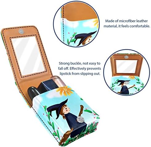 Mini maquiagem de Oryuekan com espelho, bolsa de embreagem Leatherette Lipstick Case, Cartoon Witch Spring Flower Sun