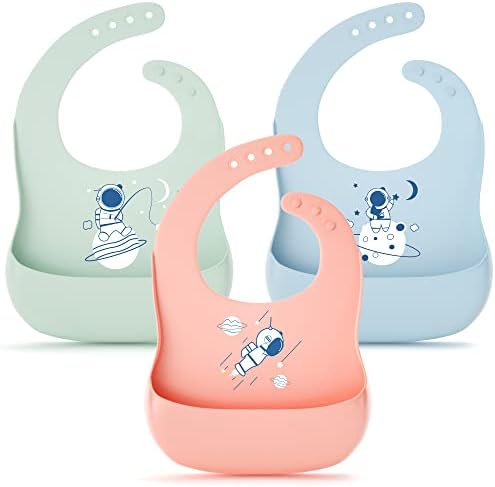 Babadores de silicone haysofy, conjunto de 3 babadores de silicone para bebês e crianças pequenas, à prova d'água, macio, ajuste ajustável, unissex, não bagunçado
