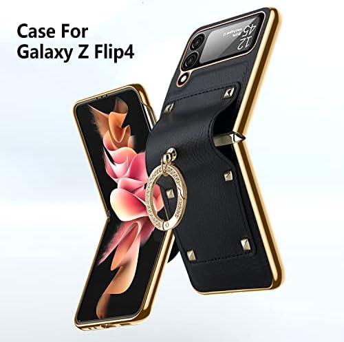 Fnkjynd para Samsung Galaxy Z Flip 4 Caixa, Lente de vidro temperado Slim Protetor de couro PU Caixa de proteção do anel de couro para Galaxy Z Flip 4 Casos Black Black