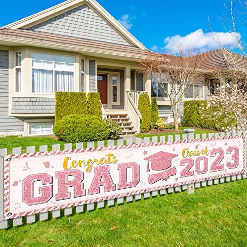 Banner de graduação rosa parabéns aula de graduação de 2023 Banner grande para fotos de graduação de pano de fundo externo em interior decorações de festa 9,8 * 2ft