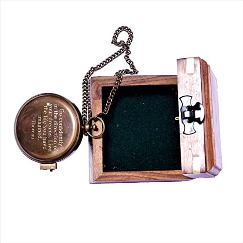 Bússola de relógio de bronze com caixa de madeira | Push de botão antigo Compússica de sol com uma bela corrente | Presente de sol de