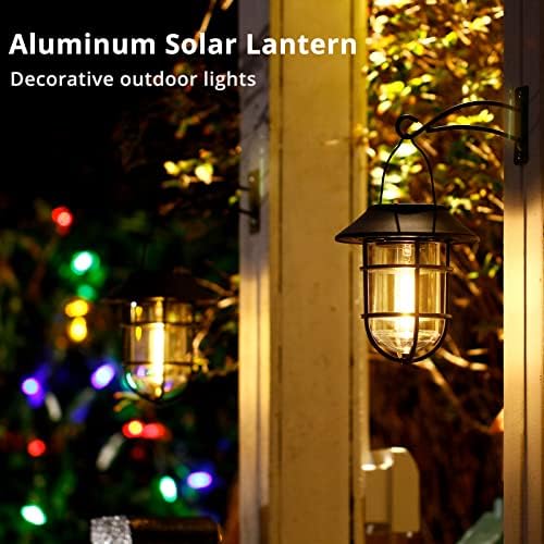 Lanterna solar Luzes solares penduradas ao ar livre, luzes externas solares de metal à prova d'água com vidro transparente, lâmpadas