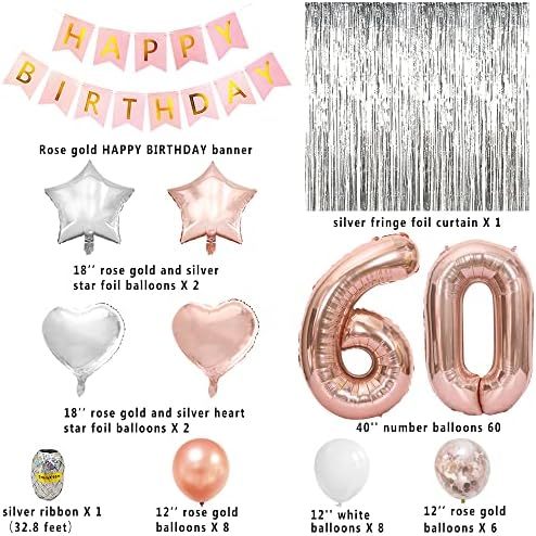 Decorações de aniversário de 60 anos para mulheres Rose Gold Feliz Banner de 60 anos decorações de festas de 60 anos 60 números de balão