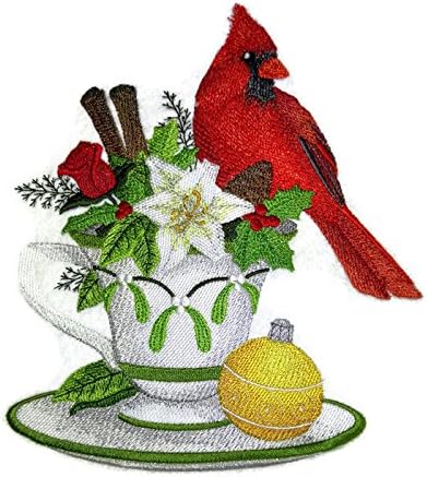 BeyondVision Custom Christmas Bird {Cardinal and Christmas Tea} Ferro bordado ON/Sew Patch [6.9 *7.82] [Feito nos EUA]