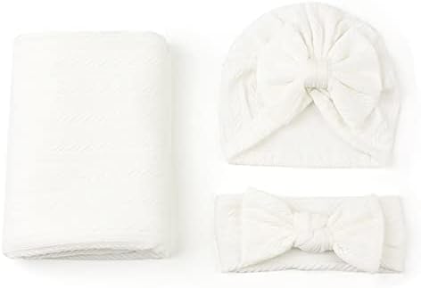 VASTWIT BEMBRAY GENROS MENINOS MENINAS 3PCS Cobertores de berçário conjunto de swaddle wrap bowknot hat chapéu branco um tamanho um tamanho
