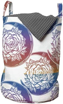 Bolsa de lavanderia de arte de Ambesonne Boho, lua crescente de estilo ombre, com flores de flor de rosa de rosa grande, cesta de