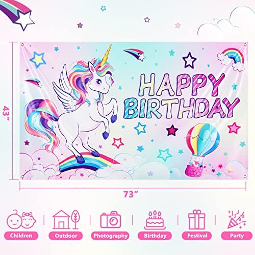 Caso -pano de aniversário de unicórnio - Decorações de festas de unicórnio do arco -íris para meninas 73 x43 photo background Unicorn