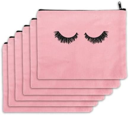 Bolsa de maquiagem de lona de 6pcs de 6pcs, bolsa de cosméticos maquiagem em massa de bolsas de higiene pessoal com bolso com zíper para mulheres e meninas rosa