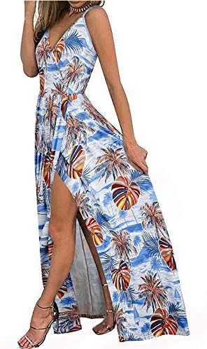 Vestido de praia feminino Boho estampa floral espaguete com cinta mangas Império sem mangas Vestido maxi de alta divisão