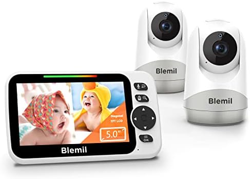 Monitor de bebê de Blemil, 5 de vídeo grande e tela dividida Monitor de bebê com 2 câmeras e áudio, pan/inclinação/zoom remoto, palestra bidirecional, monitor de temperatura ambiente, visão noturna automática, economia de energia/vox, canções de ninar