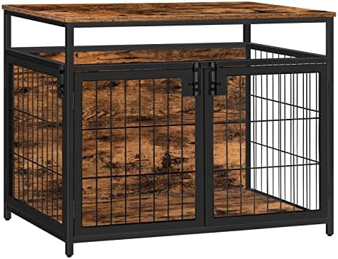 Móveis Hoobro Dog Crate, caixote de cachorro de madeira, canis de cachorro com 3 portas para a mesa de pet da malha decorativa para cães médios/pequenos, casa de cachorro resistente a mastigar, marrom rústico e preto BF83GW03