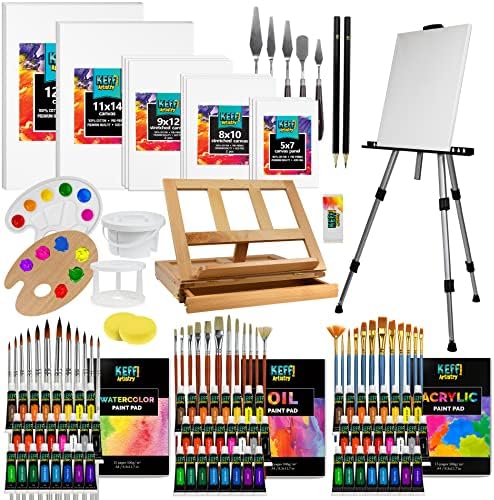 Keff Large Deluxe Artists Pintura Conjunto - Kits de tinta de arte profissional suprimentos para adultos e crianças com acrílico, aquarela e tintas a óleo, campo de alumínio e cavalete de mesa, telas, pincéis e mais