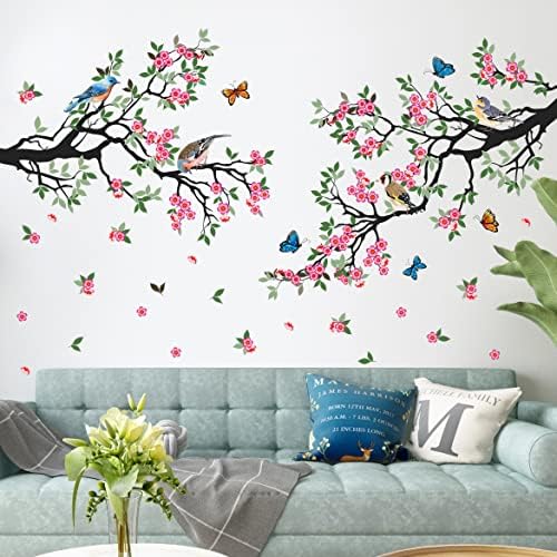 RW-4917 3D Flores de pêssego rosa decalques de parede Decalques de parede Flores da árvore da árvore de árvores adesivos de parede Diy Removable Flying Birds árvores verdes deixa decoração de borboleta para crianças quarto decoração de berçário da sala de estar