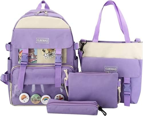 Backpack Kawaii Backpack Casual Backpachas estéticas fofas com crachá e pingente, bolsa de ombro, caixa de lápis, bolsa