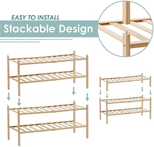 Quiqear Bamboo Shoe Rack, Organizador de Rack de calçados de 2 camadas, suporte de prateleira de sapatos empilhável e durável, prateleiras de calçados grátis, organizador de armazenamento de sapatos para entrada, armário, corredor