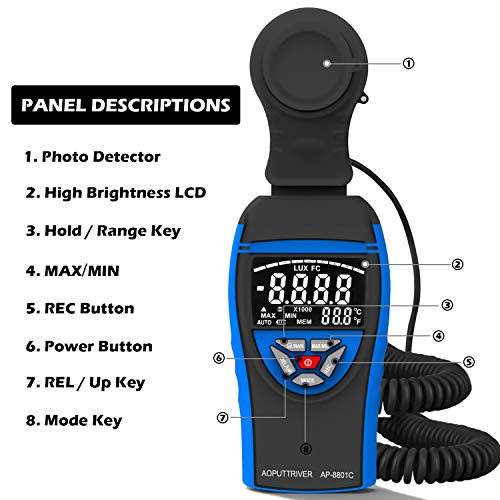 Medidores de luz digital AP-8801C Medidor de luz para plantas medem luz de 0,1 ~ 400.000 lux com detector de luz extensível até