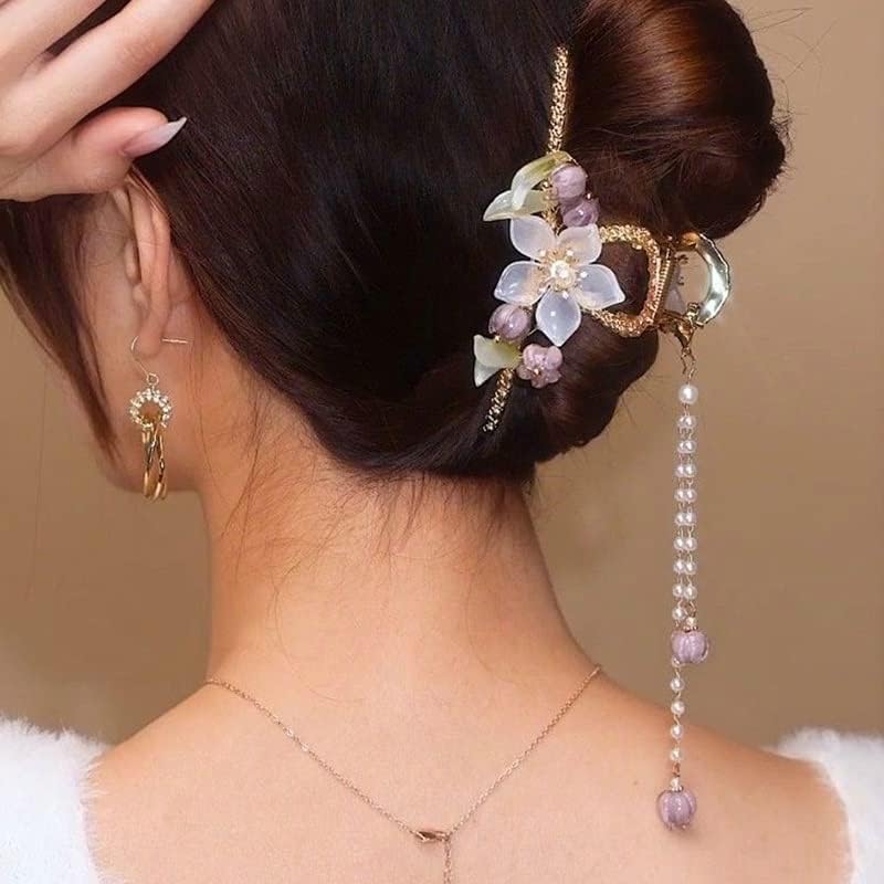 Walnut chinês de estilo antigo liga de cabelo clama de clipe para feminino flor flor strass rosa borla de cabeça acessórios