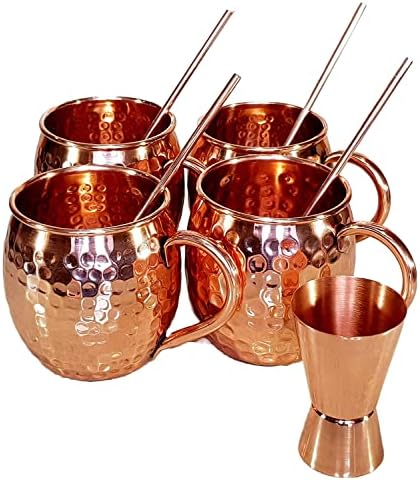 Artique Mind n 'Criação Moscow Mugre Copper Canecas - Conjunto de canecas de cobre sólidas de 4- artesanais - conjunto de presentes de 16 oz com palha de cobre, agitador de cobre e jigger de cobre por cobre